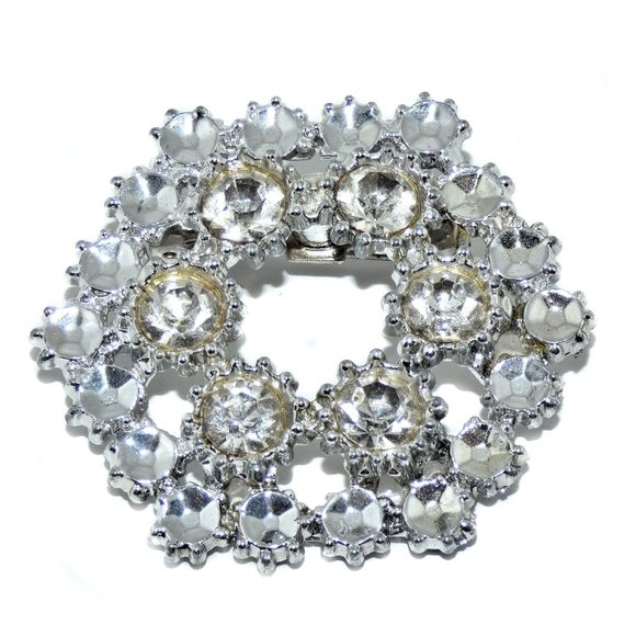 Jewelry - Vintage Brooch Silver Tone Rhinestones Hexagon